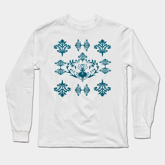 Damask Blue & White Long Sleeve T-Shirt by Almanzart